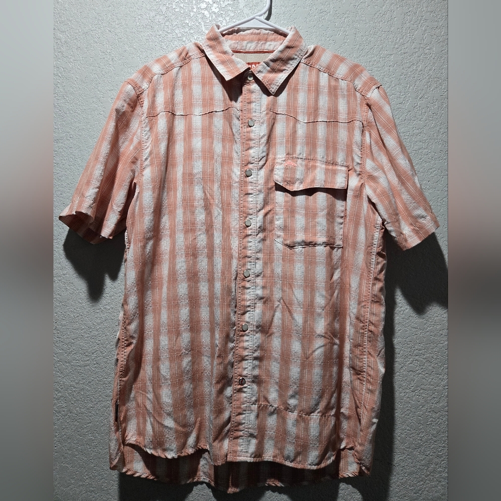 Simms Men's Peach and White Plaid Casual Shirt